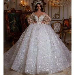 A-Line Luxurious V Neck Dresses Modest Long Sleeve African Lace Satin Ruched Arabic Illusion Wedding Gowns Vestido De Novia Estido