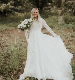 A-lijn bescheiden trouwjurken met lange mouwen juweel hals kanten chiffon informele buiten bescheiden bruidsjurken boho bruid jurk op maat gemaakt