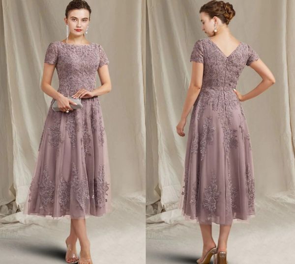 A-ligne mère de la robe de mariée 2022 élégant bijou cou thé longueur dentelle tulle à manches courtes avec appliques invité robes de soirée robe de soirée