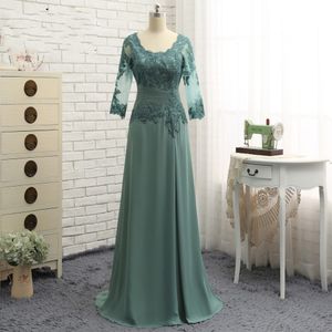 A-ligne mère de la robe de mariée 2023 élégante scoop étage longueur dentelle 3/4 manches plis appliques robes de soirée de mariage robe Mae Da Noiva