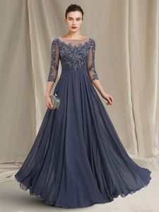 A-ligne mère de la robe de mariée 2024 robes de soirée d'invité de mariage élégant bijou longueur de plancher en mousseline de soie dentelle 3/4 longueur manches appliques gris personnalisé Robe De soirée