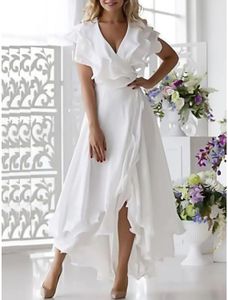 A-lijn moeder van de bruid jurk 2023 witte bruiloft gastenfeestjurken hoge lage v nek asymmetrische chiffon ruches split robe de soiree