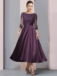 A-Line Mother of the Bride Dress Wedding Guest Party Gowns Vintage Elegant Scoop Neck Tea Length Satin Lace Beads Half Sleeve Grape