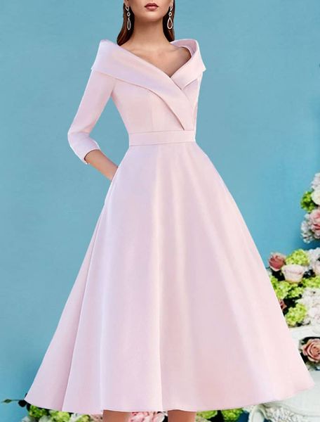 Trapèze Robe de Mère de Mariée Invité de Mariage Vintage Elégant Rose Col en V Thé Longueur Satin Manches 3/4 Simple