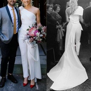 Une ligne une épaule robes de mariée combinaison doux Satin plissé robes de mariée réception de mariage Vestidos De Novia Robes De Mari￩e