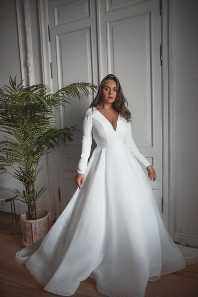 Vestido de novia de talla grande con corte en A y cola de corte, vestidos de novia de manga larga DL-10005