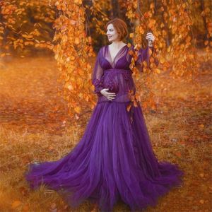Robe de bal trapèze violette en dentelle et Tulle pour femmes enceintes, tenue de maternité transparente à perles pour séance Photo