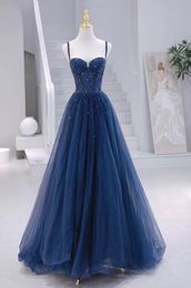 Vestido de noche largo de corte A, azul real, con cuentas y lentejuelas, vestidos de fiesta de tul, vestidos de fiesta elegantes para mujer, vestidos de espagueti