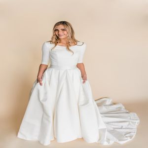 Robes de mariée modestes en satin A-Line avec 3 4 manches 2020 Nouveau corset arrière Stretch Top LDS Temple Modest Bridal Robes Sleved with Pocke 192i