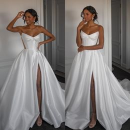 Een lijn sexy jurk strapless dij spleet trouwjurken vestidos de novia bone bodice satin designer bruidsjurken es ondertekenaar