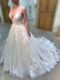 Une ligne robes sexy décolleté en V profond dos ouvert robe de mariée en dentelle perlée robes de mariée cristal strass mariée robe formelle