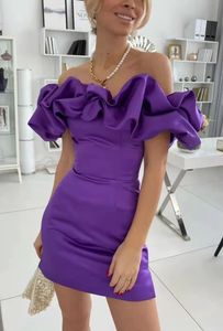 Robe De soirée trapèze courte violette, épaules dénudées, volants, en Satin, tenue De soirée d'anniversaire, personnalisée, 2023