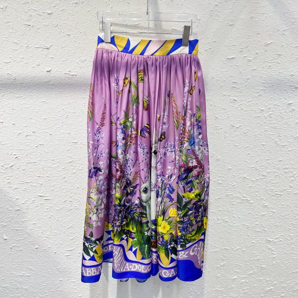 Jupe ligne A Original Purple White Rabbit Floral Printed Silk Skirt