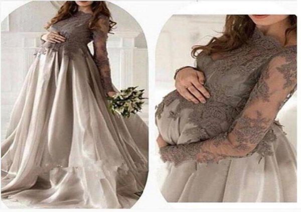 Une manche à manches gris en dentelle en argent en argent orgue en orgue de sol de couleur de sol maternité pour les femmes enceintes élégantes robes arabes dubaï Prom4719480