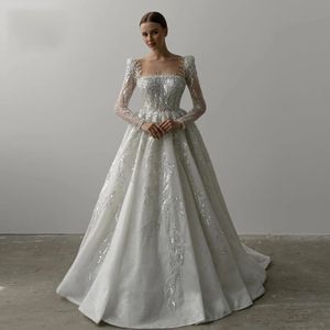 A-lijn sprankelende trouwjurken 2024 Boathals Lange Sleeve Lace Borduurwerk Bruidale jurken Exquise Bride Party-jurk Vestido de Noiva