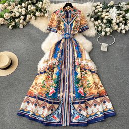 Robes décontractées Printemps Vintage Robe imprimée florale taille haute col en V manches lanternes robe plissée courte blanc rouge manches longues robes trapèze 2024