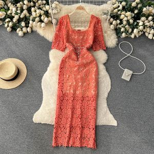 Robes décontractées français col carré creux crochet fleur diamant dentelle Wrap robe de hanche pour les femmes d'été célébrité rétro fête vêtements Vestidos 2023