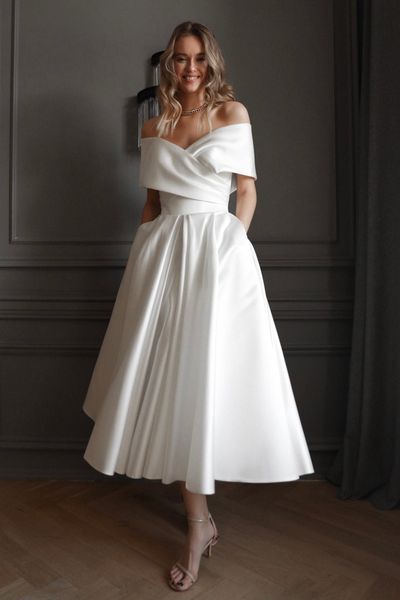 Robe de mariée trapèze longueur thé robes de mariée en satin DL-10002