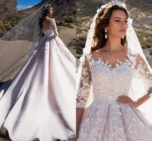 A-ligne Robes De Mariée 2022 Demi Manches Princesse Robe De Mariée Romantique Scoop 3D Perles Fleurs Vintage Robe De Mariée Robe De Mariage Nouveau