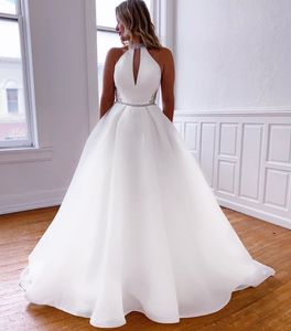 A Line Wedding Dresses 2023 Simple Heyhole High Neck Crystals Bridal Gowns White Organza Robe De Mariage