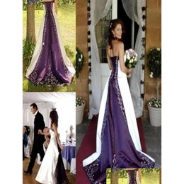 Robes de mariée A-Line Une ligne superbes robes de mariée blanches et violettes délicates brodées pays rustique robes de mariée fantaisie gothique Otn7Q