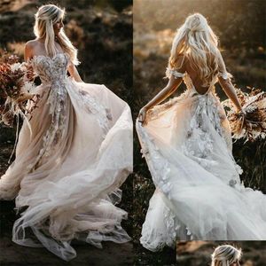 A-ligne robes de mariée dos nu 2021 Boho robe 3D appliqué été plage robes de mariée hors du Shoder Tle aime la dentelle en plein air Lady Ma Dhvts