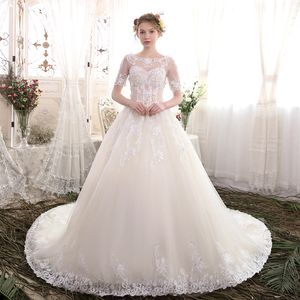 Een lijn trouwjurken bruidsjurken korte mouwen SPING GARDEN Land Bruid Jurk Sheer schep Nek Appliques Lace Vestido de novia plus size