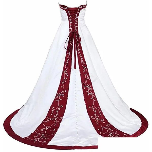 Robes de mariée A-ligne broderie robe de mariée blanche et rouge sans bretelles une ligne satin longue robe de mariée corset à lacets plus la taille mariée D Otqjw