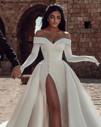 Une ligne robes de mariée gracieuse 2023 hors de l'épaule cou robes de mariée avec détachable train côté fendu satin robe De Novia265J