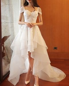A-lijn trouwjurken kanten bruid jurken organza cap mouw kanten appliques boho strand 2023 High Low Robe de mariee