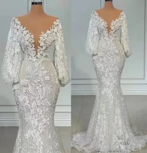 Una línea de vestidos de novia de manga larga con cuello transparente de encaje completo floral con cuentas trompeta africana Fishtail Beach Aso Ebi vestidos de novia 2023 BC1447