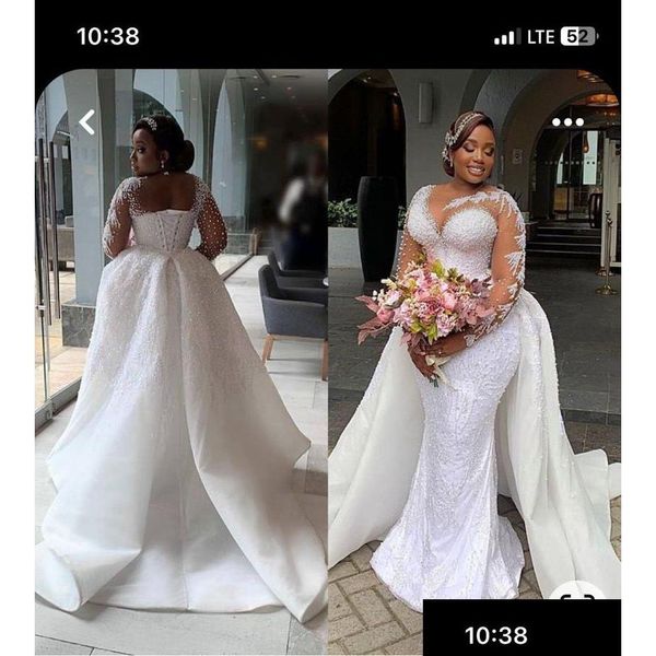 Vestidos de novia de una línea Vestido de novia de sirena de lujo Modest Lace Tle Tren largo con mangas casquillo Botones con cuello en V Atrás 2023 Y Vestido de novia OTMQD