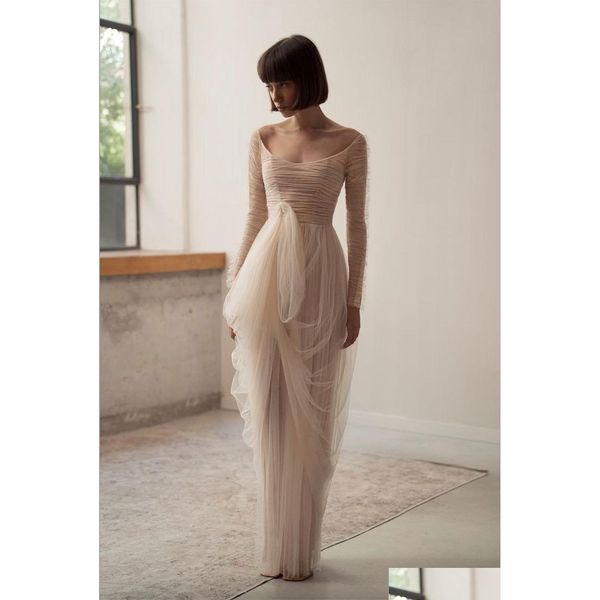 Vestidos de novia de una línea Modest Tle A Line Vestidos de novia Vestidos de novia elegantes Volantes para mujeres Fuera del shoder Sin respaldo Recepción Robe Ot0He