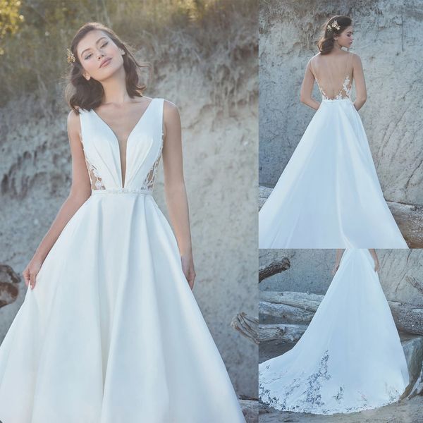 Vestidos de novia de una línea Vestidos de novia de encaje de espagueti sin espalda sexy Ilusión Apliques Cepillo Tren Bata Vestido De Noiva Tamaño personalizado H24075