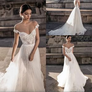 Robes de mariée en ligne A-Line Sheer Bohemian Robes 2023 OFF BODER LACE APPLIQUE ROMANTIQUE TRAIN COURT DE TULLE ROMBES SANS BRIDALES BORDA