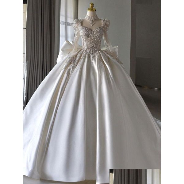 Robes De Mariée A-ligne Paillettes Brillantes Robes De Mariée Musulmanes Manches Longues Perles Plus La Taille Perles Perle Arabe Luxe Robes De Mariee S Otyt7