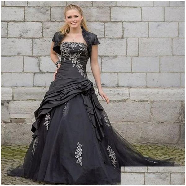 Vestidos de novia de una línea Vestido gótico negro vintage con chaqueta corta Apliques de encaje de marfil Vestidos de novia largos con pliegues Corte tren Dh2Xj