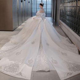 een lijn bruiloft voortreffelijke jurken Long sexy off schouder Appliques pailletten 3D diamanten kanten trein vouwen kralen vloer lengte bruidsjurken op maat gemaakte abiti da sposa