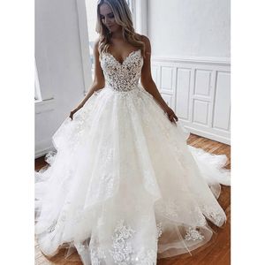 Vestido De novia con apliques De tul blanco acampanado, tirantes finos, Espalda descubierta, vestidos De novia De encaje con volantes, Vestido De playa, Vestido De novia