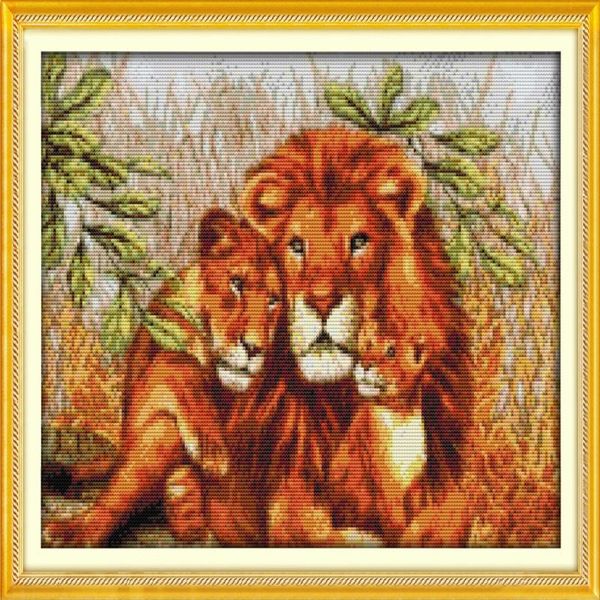 Una familia de leones decoración del hogar pintura hecha a mano herramientas artesanales de punto de cruz bordado conjuntos de costura impresión contada en lienzo DMC 14CT 253L