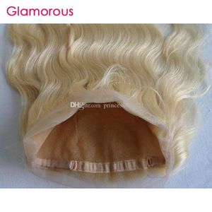 Cheveux humains 360 Lace Frontal Blonde # 613 Body Wave Straight Full Round Fermeture à lacets avec cheveux de bébé Noeuds blanchis Cheveux blonds brésiliens