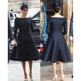 Una línea de madre Meghan elegante Black Markle The Bride des Long Sanges Bow Sashes Bateau Vintage Tea Longitud de té Fiesta de boda de Prom Women Women