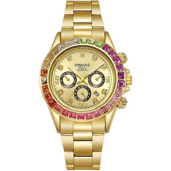 Un original 1 a 1 Relojes R olax de lujo EE. UU. Compre relojes de alta gama en línea Venta caliente nueva tira de acero de aleación de moda casual con calendario de diamantes de colores tres con GIF
