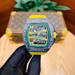 Une montre originale 1 à 1 pour hommes, mécanique de luxe, Richa Rm61-01, boîtier en Fiber de carbone jaune, mouvement visible, sport mécanique importé