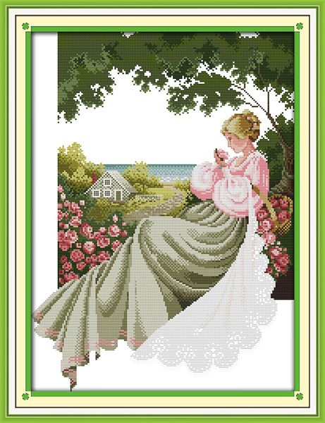 Un jardin de roses belle fille décor à la maison peinture, ensembles de couture de broderie au point de croix faits à la main comptés impression sur toile DMC 14CT / 11CT