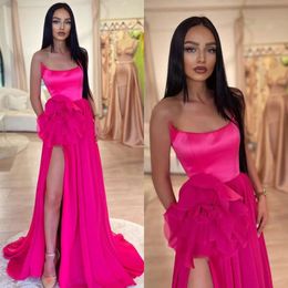 Een rooskleurige jurken prom elegante lijn roze strapless bloem taille avondjurken plooien spleet formeel lange speciale ocn feestjurk