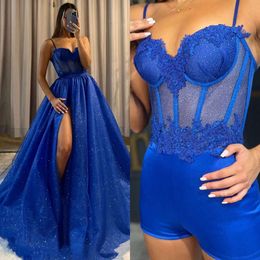 Een Royal Dress Blue Prom Line Split Illusion Evening Elegant Glitter Bone Bodice Lace Appliques feestjurken voor speciale ocns ruches ruches beletsel ppliques es jurk