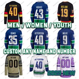 Maillot de hockey sur glace personnalisé pour hommes 40 Elias Pettersson Vancouver cousu 43 Hughes 6 Boeser 29 DeSmith 9 Miller 10 Bure Maillots de hockey pour jeunes femmes