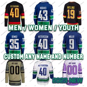 Maillot de hockey sur glace personnalisé pour hommes 40 Elias Pettersson Vancouver cousu 43 Hughes 6 Boeser 29 DeSmith 9 Miller 10 Bure Maillots de hockey pour jeunes femmes