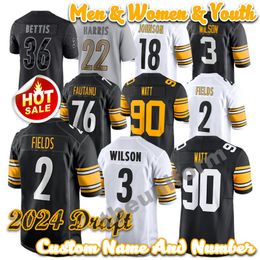 2024 Draft 3 Russell Wilson 76 Troy Fautanu 90 T.J.Watt Custom 2 Justin Fields 22 Najee Harris 36 Jerome Bettis Men Womens Youth Football Jersey Taille S-6XL